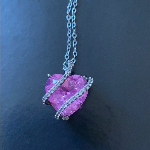 Lab created Pink and White Sapphire Heart necklace - Picture 3 of 13